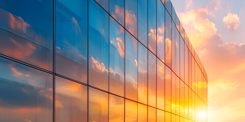 Modern office building with glass facade on a clear sky background Transparent glass wall