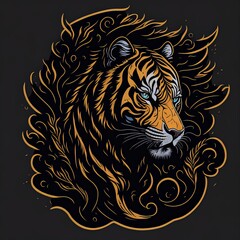 Gothic Tiger Drawing in Dark and Mysterious Cathedral Ruins. Gothic Tattoo Art. Suitable for T-Shirt Design Inspiration.
