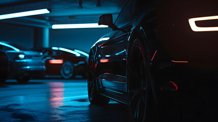 Black car standing at night parking modern brandless cars Transportation Luxury car fleet consisting neon light reflection on background surface counter Minimalist background with car  : Generative AI