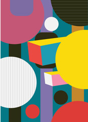 risograph design An unusual popular geometric pattern in modern bauhaus. Geometric shapes dots construction abstract pattern. Free vector. Retro risograph techniques. Art graphic mural.