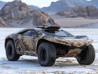 A 3D-rendered image of a rugged off-road vehicle equipped for desert terrain, displaying a camouflage design.