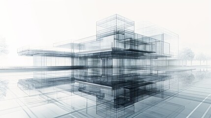 3D Modeling Wireframe Architecture: A 3D illustration showcasing a wireframe model of architectural design