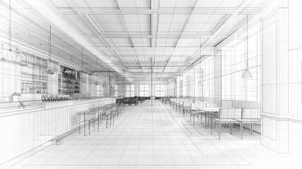 Fototapeta premium 3D Modeling Wireframe Interior: A 3D illustration showcasing a wireframe model of an interior space