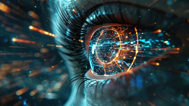 Close up of the eyes of the futuristic and innovative digital interface.