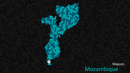 A map of Mozambique is presented as a mosaic with a dark background, and the country's borders are outlined in the shape of a colorful mosaic, centered around the capital city.