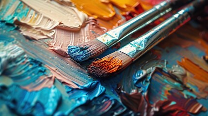 Fototapeta premium Oil paints and paintbrushes on an artist's palette and multicolored paint stains