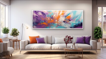 Large purple orange blue abstract painting. Looks great in modern living room interior.