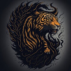 Astral Tiger Drawing Floating among Nebulas and Cosmic Dust. Astral Tattoo Art. Suitable for T-Shirt Design Inspiration.
