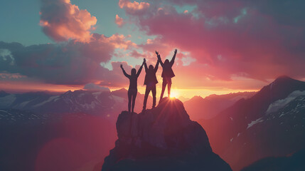 Together overcoming obstacles as a group of three people raising hands up on the top of a mountain...