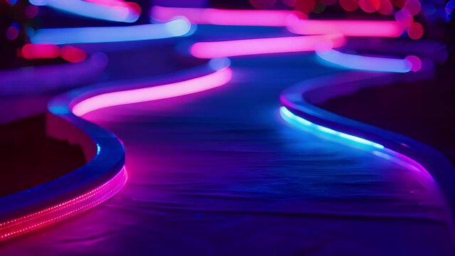 A mini golf course is set up with neon lights illuminating the course and adding to the fun atmosphere.