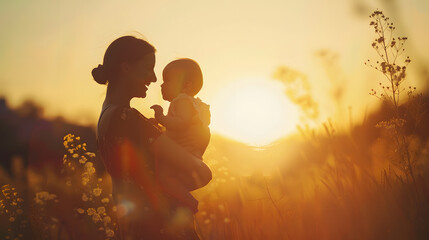 Silhouette happy mother and baby Mother plays with her baby in her arms under the rays of the sunset in a meadow Motherhood concept Happiness inspiring joyful moments Mothers day conce : Generative AI
