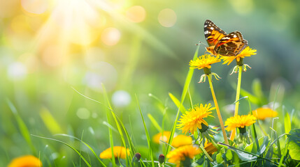 Beautiful spring background with green grass, dandelions and butterfly on a sunny day. Spring meadow with yellow flowers. Beautiful natural scene banner or wallpaper in the style of nature