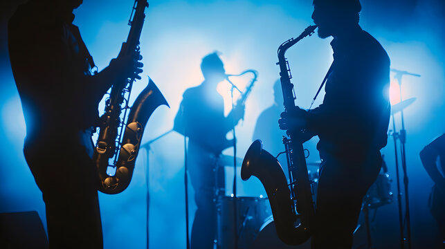Bands silhouettes with on a concert  Group of saxophone guitar trombone players performing on stage : Generative AI