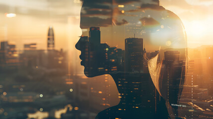 Double exposure of woman silhouette and modern city skyline : Generative AI