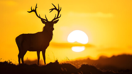 Silhouette of a Red Deer stag during rutting season at sunrise UK : Generative AI