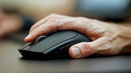 Palms grasp the ergonomic mouse of a desktop computer, clicking and scrolling through digital content.