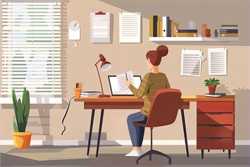 Fototapeta premium A teacher is preparing lesson plans at a table in a clean and organized study nook. Simple and minimalist flat Vector Illustration