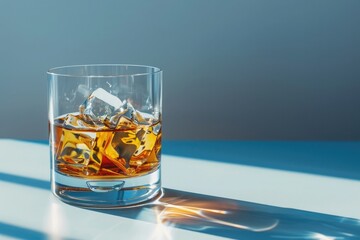 photo of glass with whiskey and ice on a white table against a blue background, in a minimalist and simple clean style.