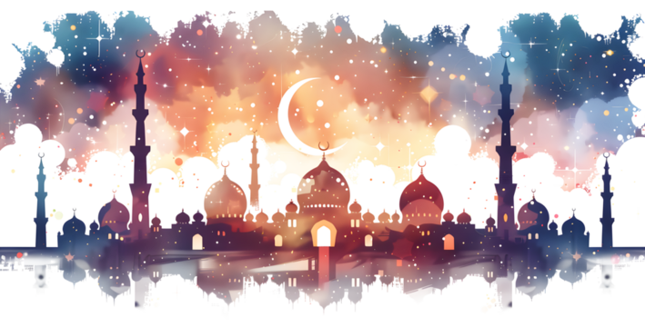 A flat illustration of Ramadan, of pink and orange against an isolated on white and transparent background with a crescent moon and stars above them