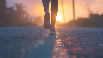 Runner athlete feet running on road woman fitness silhouette sunrise jog workout wellness concept :...