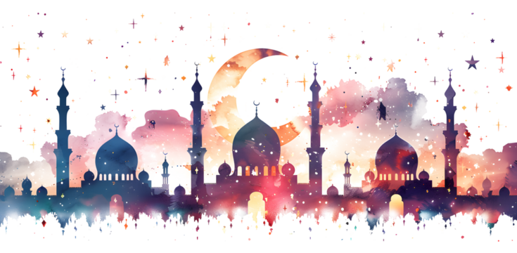 A flat illustration of Ramadan, of pink and orange against an isolated on white and transparent background with a crescent moon and stars above them
