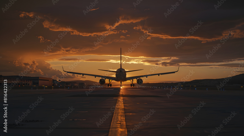Aufkleber plane goes on takeoff at sunset landing plane at sunset cloudy sky : generative ai