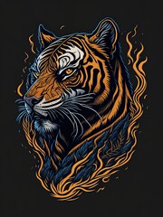 Dramatic Tiger Drawing with Lightning Cracks in the Background. Dramatic Tattoo Art. Suitable for T-Shirt Design Inspiration.

