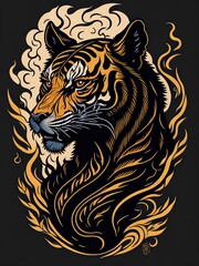 Mysterious Tiger Drawing Emerging from the Depths of a Dark Abyss. Mystical Tattoo Design. Suitable for T-Shirt Design Inspiration.

