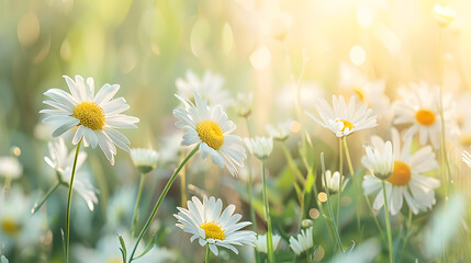 Beautiful spring background with white daisies flowers in the meadow, blurred nature landscape,...