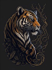 Whimsical Tiger Drawing with Playful Doodles and Cartoonish Elements. Whimsical Tattoo Art. Suitable for T-Shirt Design Inspiration.
