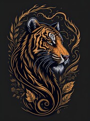 Graphic Tiger Drawing in Black and White Stripes with Vibrant Eyes. Graphic Tattoo Design. Suitable for T-Shirt Design Inspiration.
