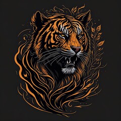 Surreal Tiger Drawing in a Dreamlike Landscape with Floating Islands. Fantasy Tattoo Design. Suitable for T-Shirt Design Inspiration.
