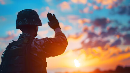 Soldier salute Silhouette on sunset sky War army military guard concept : Generative AI