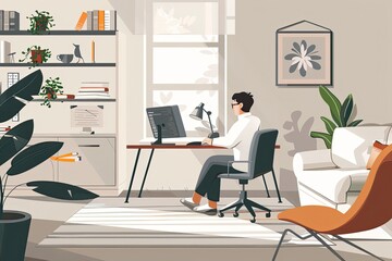 A therapist is conducting sessions on a computer in a serene and organized home office setup. Simple and minimalist flat Vector Illustration 