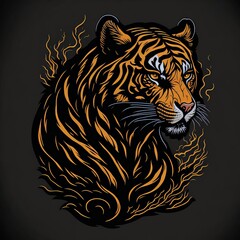 Bold Drawing of a Tiger's Head Emerging from a Fiery Inferno. Contemporary Tattoo Art. Suitable for T-Shirt Design Inspiration.
