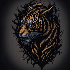 Illustration of a Tiger in Full Stride Amidst a Jungle Sunset. Realistic Tattoo Drawing. Suitable for T-Shirt Design Inspiration.
