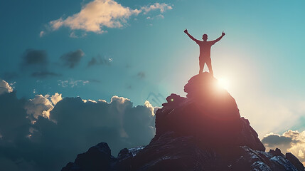 Silhouette of businessman celebrating raising arms on the top of mountain with over blue sky and sunlightconcept of leadership successful achievement with goalgrowthupwin and objective : Generative AI
