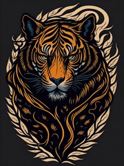 Majestic Drawing of a Roaring Tiger in a Field of Bamboo. Traditional Tattoo Art. Suitable for T-Shirt Design Inspiration.
