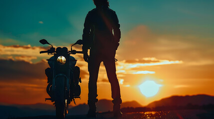 Silhouette of young man biker  and a motorcycle on the road with sunset light background :...