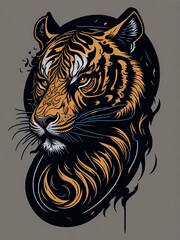 Tattoo drawing of a Wild tiger golden hair Black Background. American traditional tattoo. Sticker with outline