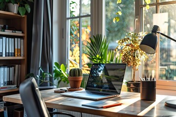 A therapist is conducting virtual sessions on a laptop in a calm and professional home office. Simple and minimalist flat Vector Illustration