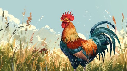 A beautiful rooster against a grassy backdrop