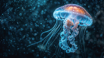 A beautiful luminescent jellyfish floasting through deep space or ocean. Copy space.