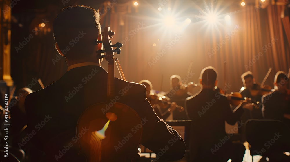 Poster back view cinematic shot of conductor directing symphony orchestra with performers playing violins c