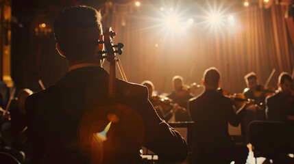 Fototapeta premium Back View Cinematic shot of Conductor Directing Symphony Orchestra with Performers Playing Violins Cello and Trumpet on Classic Theatre with Curtain Stage During Music Concert : Generative AI