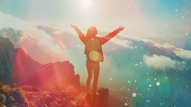 Woman celebrating on a mountain looking up to the sky Letting go of all your mental fears Hope mental strength concept Double exposure : Generative AI