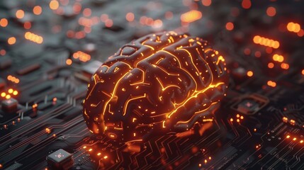 The image shows a glowing brain on a circuit board. The brain is orange and yellow, and the circuit board is black and green. The image is about artificial intelligence.