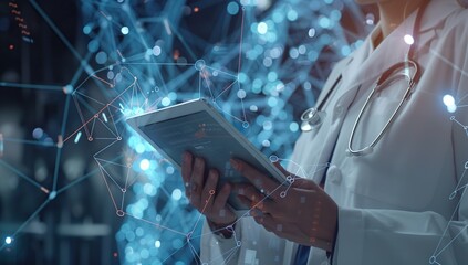 A doctor is using an iPad to display medical data on the screen, surrounded by digital glowing connections and charts. copy space for text.
