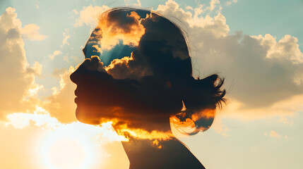 Psychology and woman mental health and weather dependent concept Multiple exposure clouds and sun on female head silhouette : Generative AI