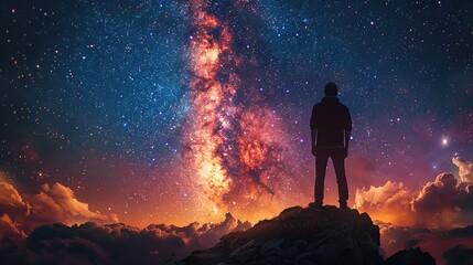 Fototapeta premium In the darkness of the night, you witness the Milky Way galaxy come alive with radiant hues of blue, purple, and pink, as if a celestial artist has brushed the heavens with strokes of light